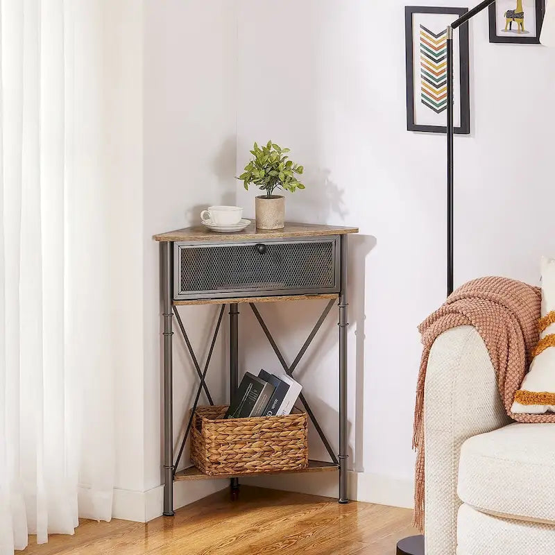 Rustic Brown / White-gold / Grey Triangle Corner Side Table, 3-Tier Open Storage & Mesh Door, 1-Person Assembly