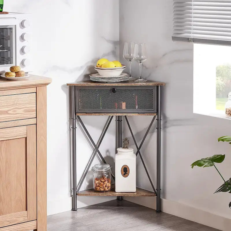 Rustic Brown / White-gold / Grey Triangle Corner Side Table, 3-Tier Open Storage & Mesh Door, 1-Person Assembly