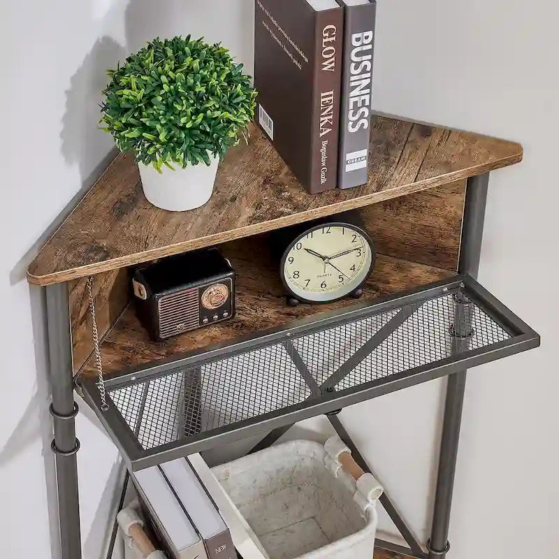Rustic Brown / White-gold / Grey Triangle Corner Side Table, 3-Tier Open Storage & Mesh Door, 1-Person Assembly