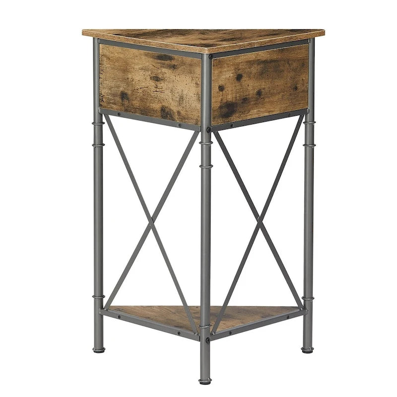 Rustic Brown / White-gold / Grey Triangle Corner Side Table, 3-Tier Open Storage & Mesh Door, 1-Person Assembly