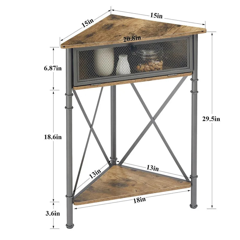Rustic Brown / White-gold / Grey Triangle Corner Side Table, 3-Tier Open Storage & Mesh Door, 1-Person Assembly