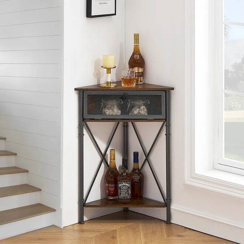 Rustic Brown / White-gold / Grey Triangle Corner Side Table, 3-Tier Open Storage & Mesh Door, 1-Person Assembly