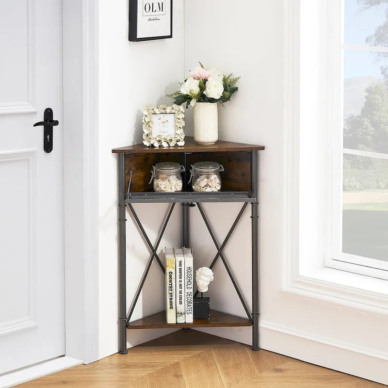 Rustic Brown / White-gold / Grey Triangle Corner Side Table, 3-Tier Open Storage & Mesh Door, 1-Person Assembly