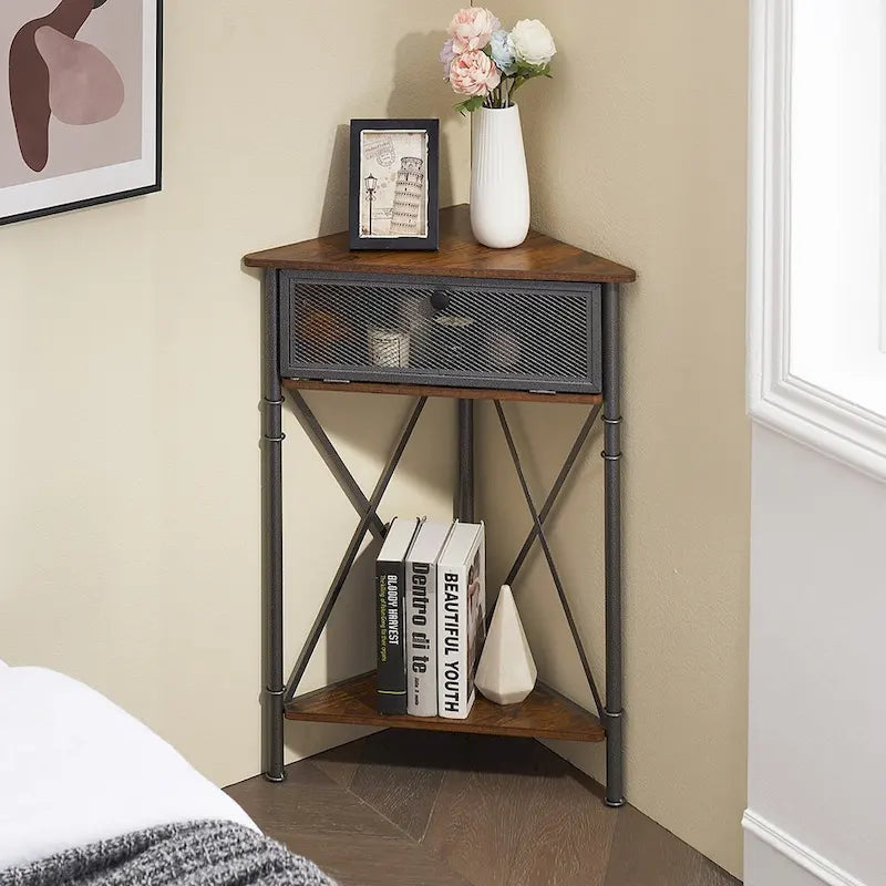 Rustic Brown / White-gold / Grey Triangle Corner Side Table, 3-Tier Open Storage & Mesh Door, 1-Person Assembly