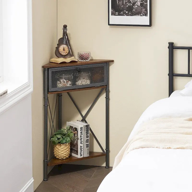 Rustic Brown / White-gold / Grey Triangle Corner Side Table, 3-Tier Open Storage & Mesh Door, 1-Person Assembly