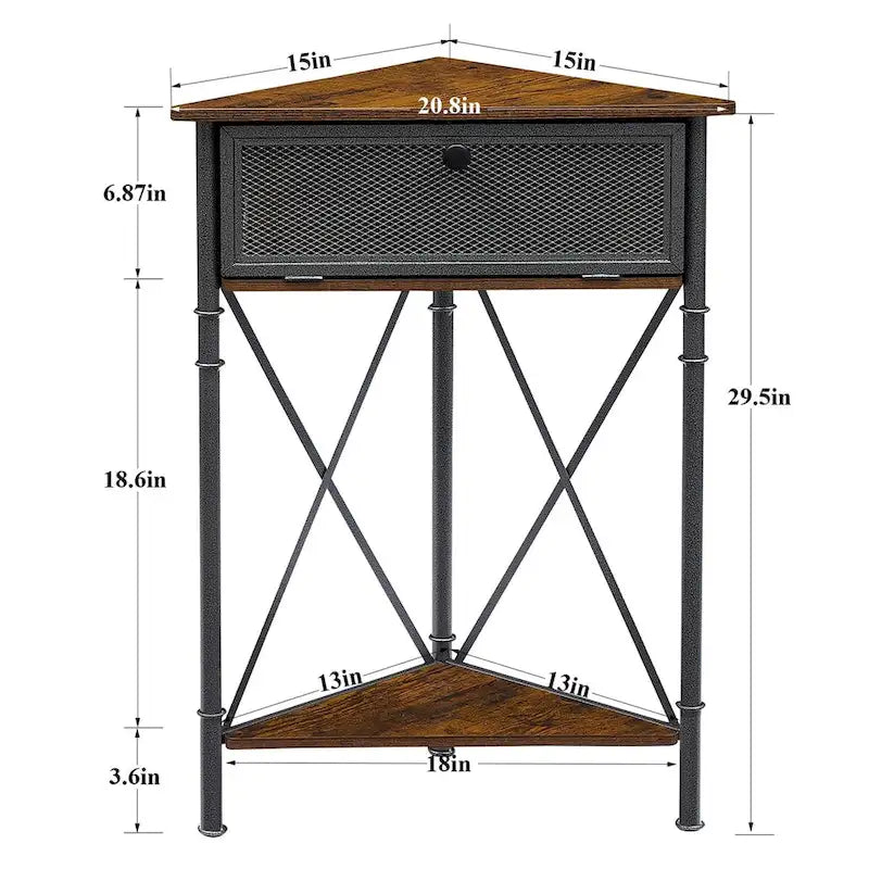 Rustic Brown / White-gold / Grey Triangle Corner Side Table, 3-Tier Open Storage & Mesh Door, 1-Person Assembly