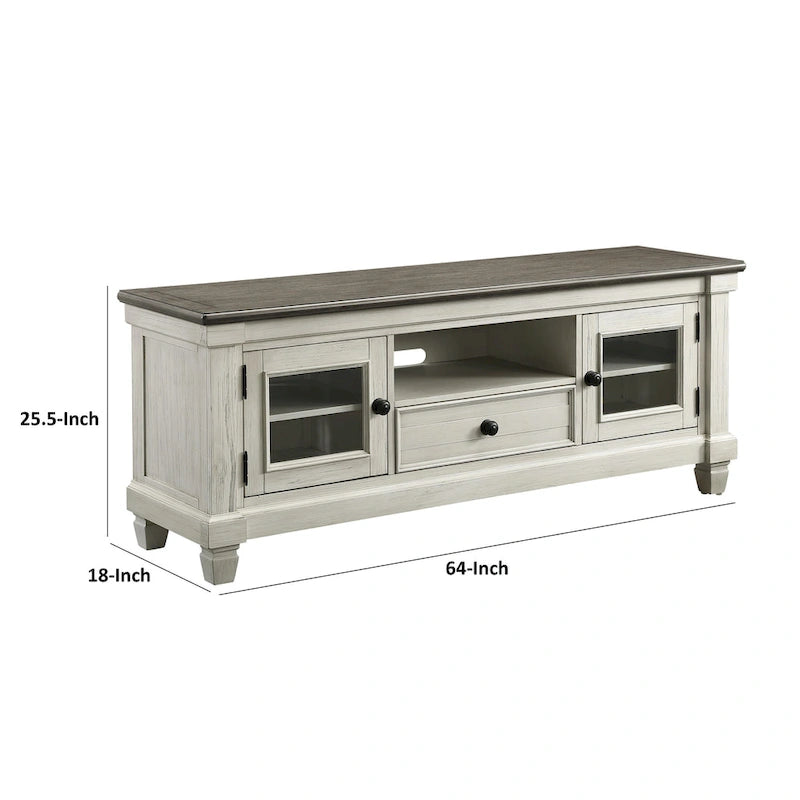 White & Brown 64" TV Console, Solid Wood