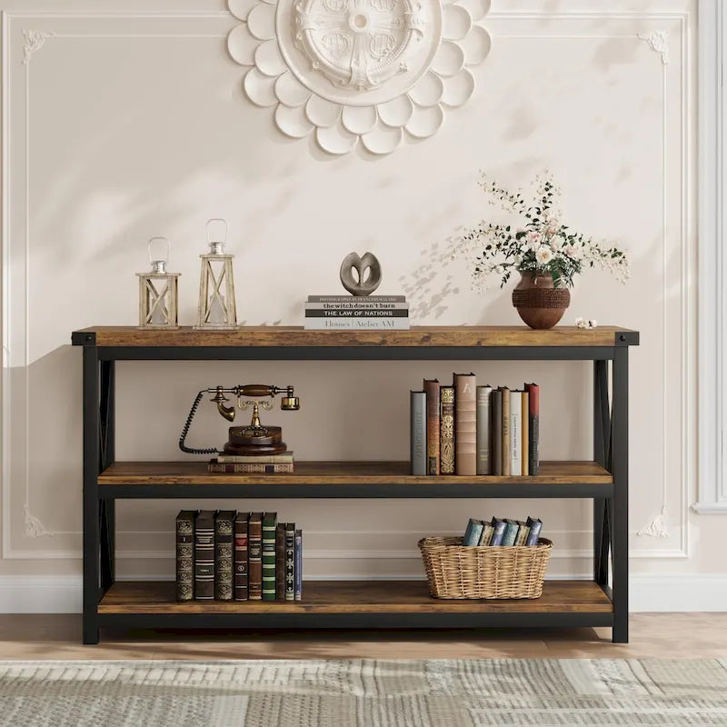 Console 3 niveaux gris/marron, style industriel, montage par 1 personne