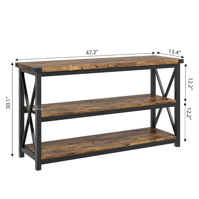 Grey/Brown 3-Tier Console Table, Industrial Style, 1-Person Assembly