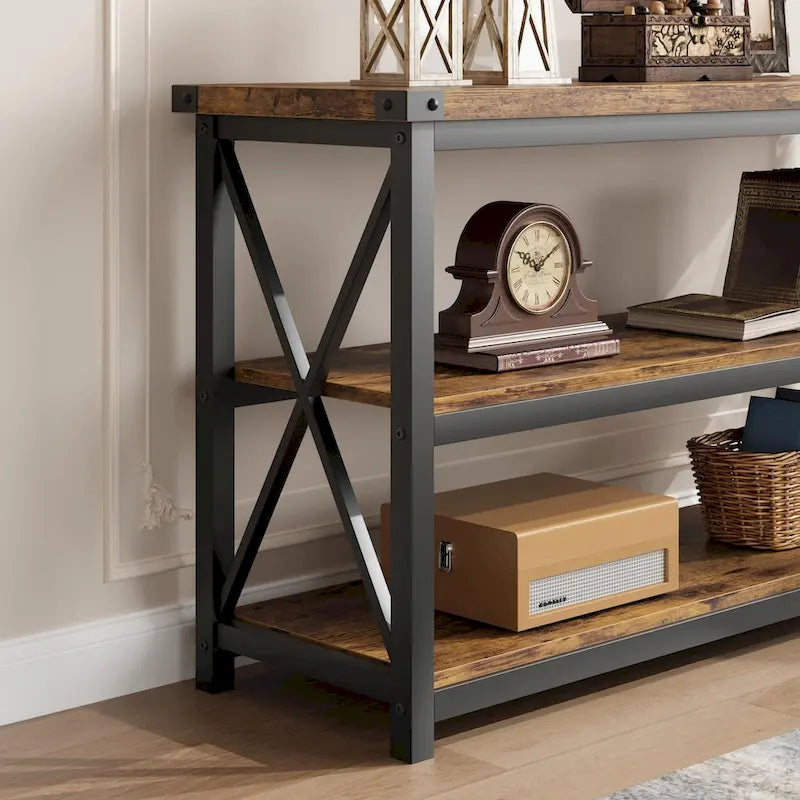 Grey/Brown 3-Tier Console Table, Industrial Style, 1-Person Assembly