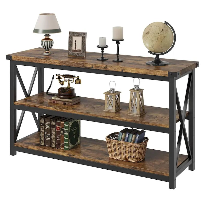 Grey/Brown 3-Tier Console Table, Industrial Style, 1-Person Assembly