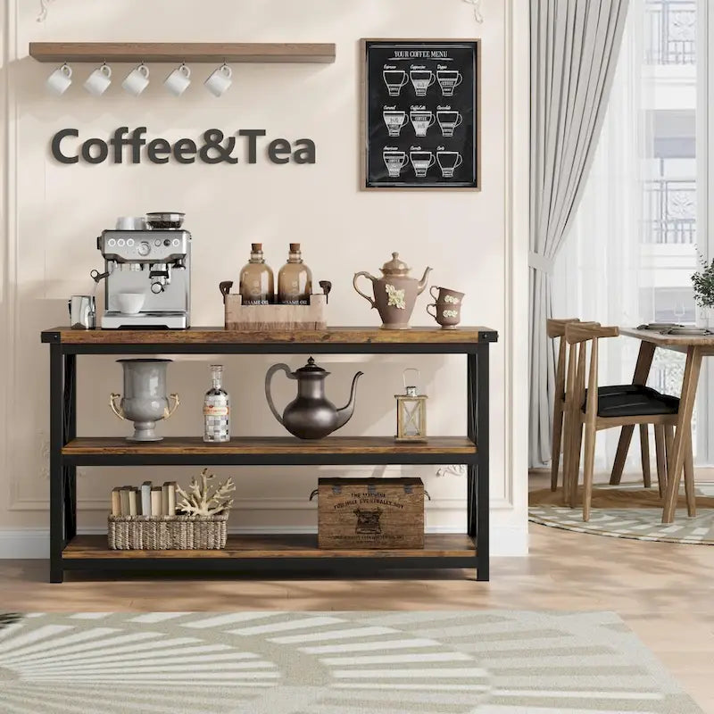 Grey/Brown 3-Tier Console Table, Industrial Style, 1-Person Assembly