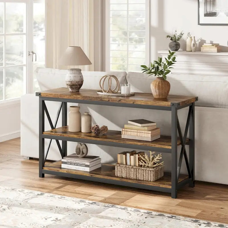Grey/Brown 3-Tier Console Table, Industrial Style, 1-Person Assembly