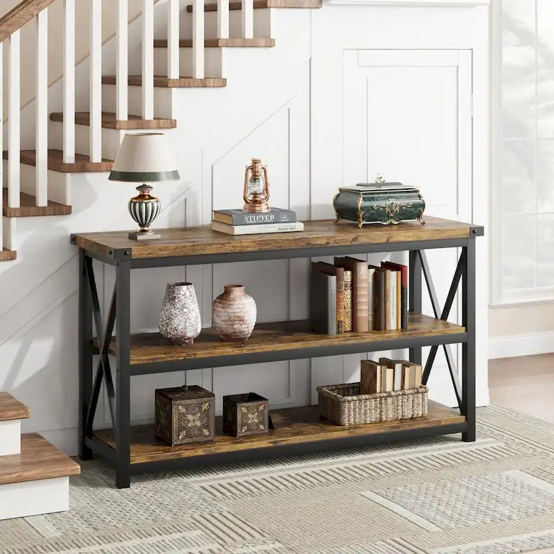 Grey/Brown 3-Tier Console Table, Industrial Style, 1-Person Assembly