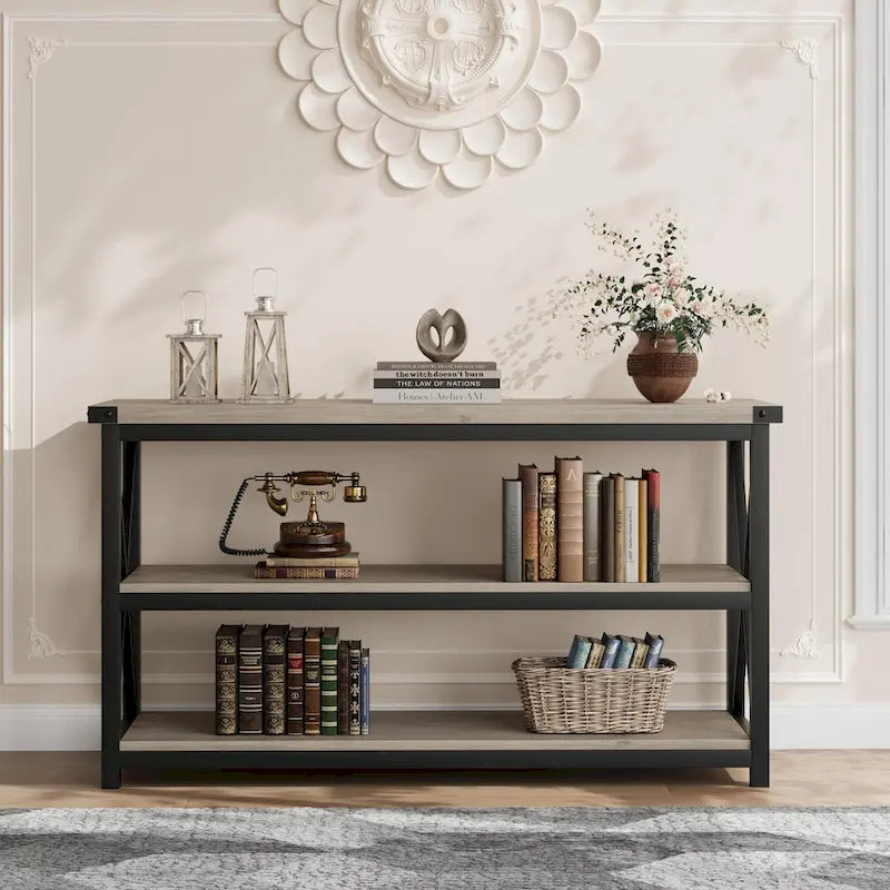 Grey/Brown 3-Tier Console Table, Industrial Style, 1-Person Assembly