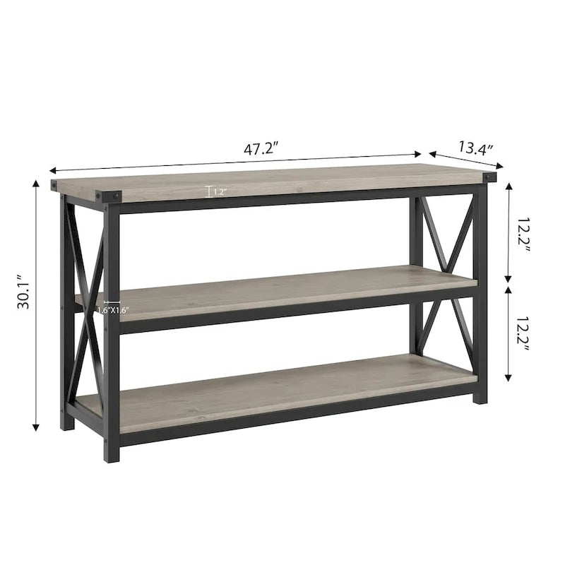 Grey/Brown 3-Tier Console Table, Industrial Style, 1-Person Assembly