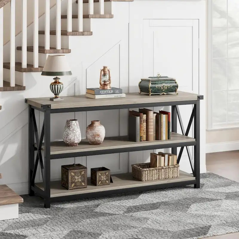 Grey/Brown 3-Tier Console Table, Industrial Style, 1-Person Assembly