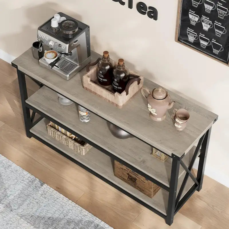 Grey/Brown 3-Tier Console Table, Industrial Style, 1-Person Assembly