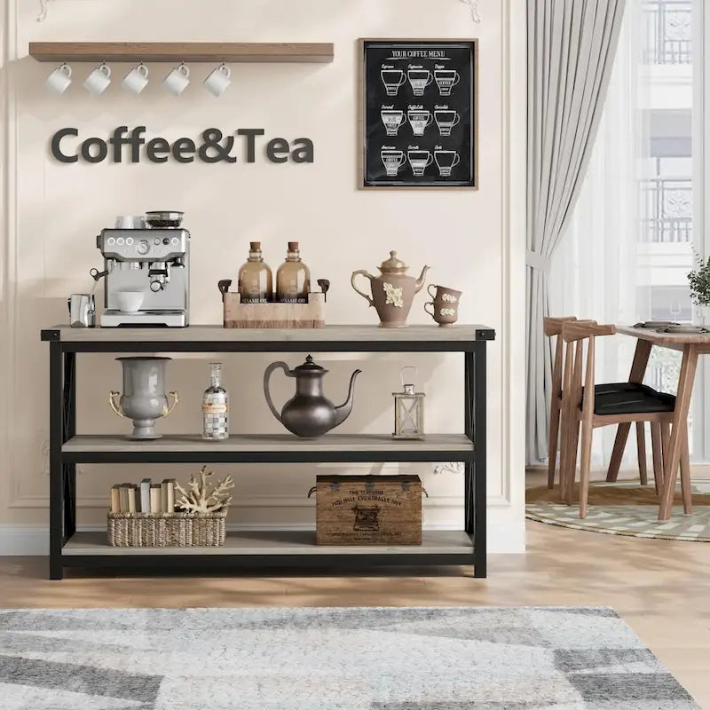 Grey/Brown 3-Tier Console Table, Industrial Style, 1-Person Assembly