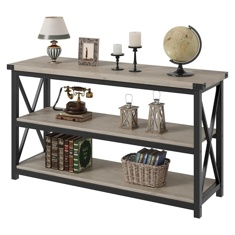 Grey/Brown 3-Tier Console Table, Industrial Style, 1-Person Assembly