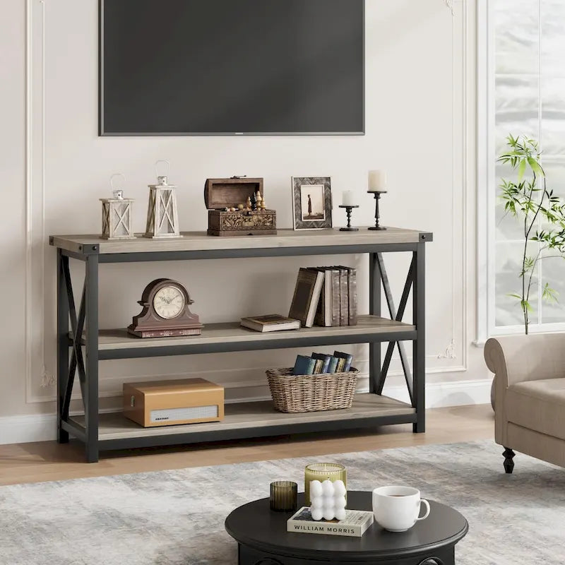Grey/Brown 3-Tier Console Table, Industrial Style, 1-Person Assembly