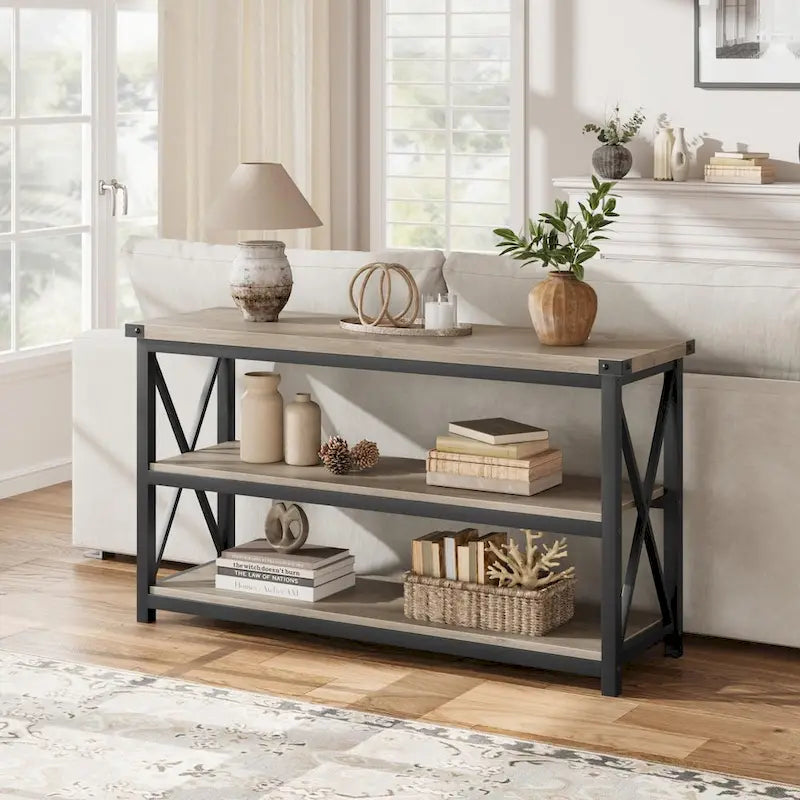 Grey/Brown 3-Tier Console Table, Industrial Style, 1-Person Assembly