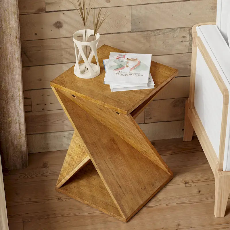 Natural Wood & Black Twisted-Leg Square End Table, Single