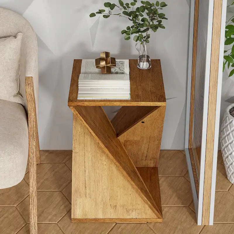 Natural Wood & Black Twisted-Leg Square End Table, Single