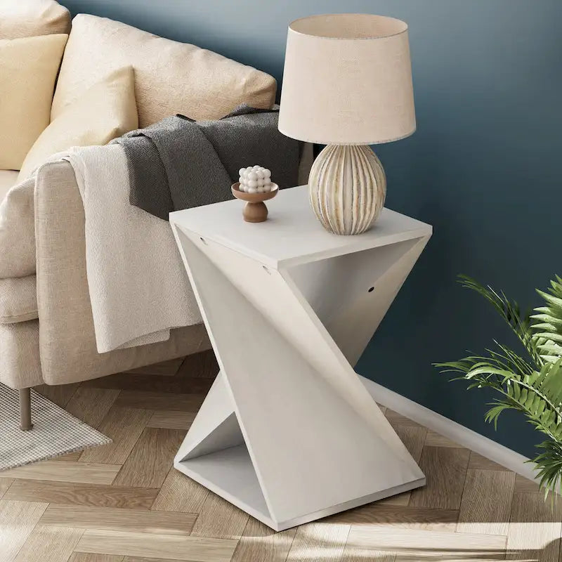 Natural Wood & Black Twisted-Leg Square End Table, Single