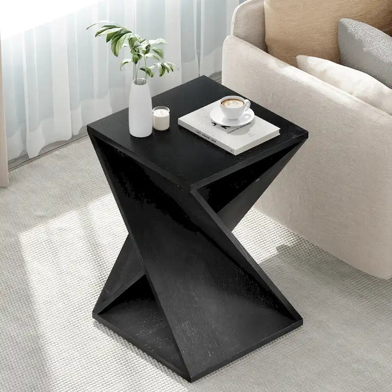 Natural Wood & Black Twisted-Leg Square End Table, Single