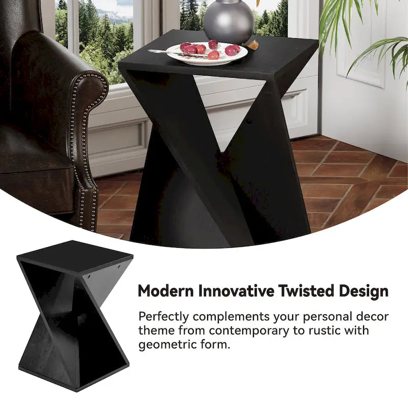 Natural Wood & Black Twisted-Leg Square End Table, Single