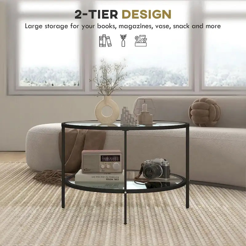 Black / Gold Round 2-Tier Side Table – Tempered Glass & Steel Frame, Seats 1