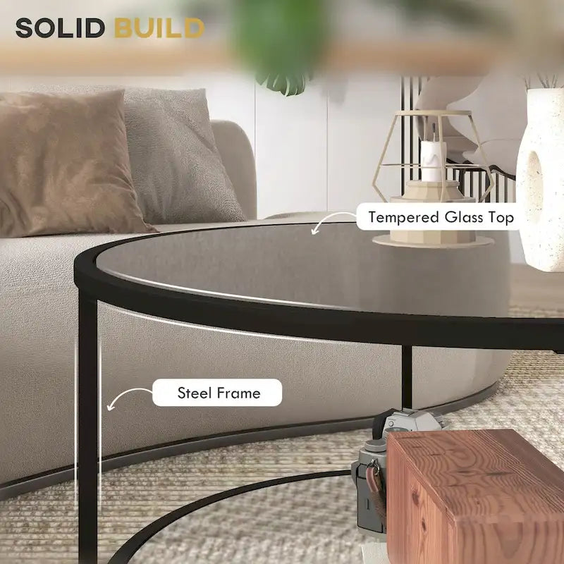 Black / Gold Round 2-Tier Side Table – Tempered Glass & Steel Frame, Seats 1