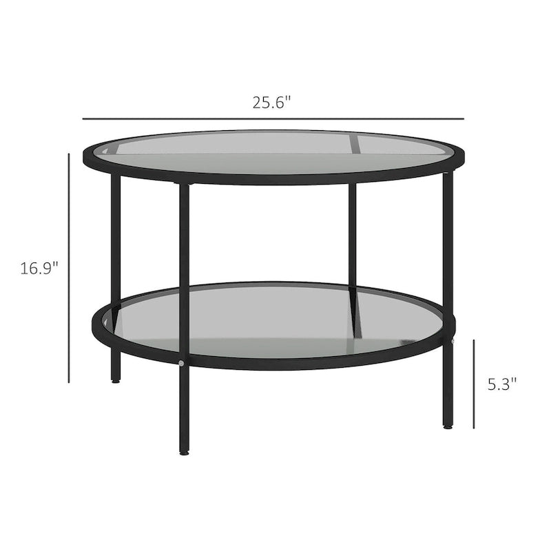 Black / Gold Round 2-Tier Side Table – Tempered Glass & Steel Frame, Seats 1