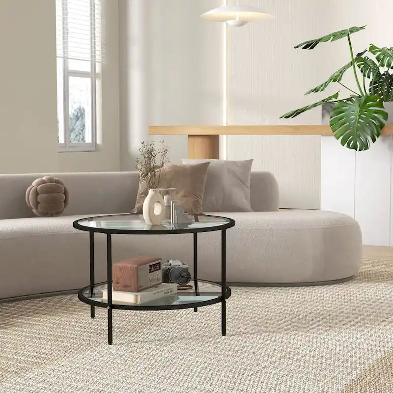 Black / Gold Round 2-Tier Side Table – Tempered Glass & Steel Frame, Seats 1