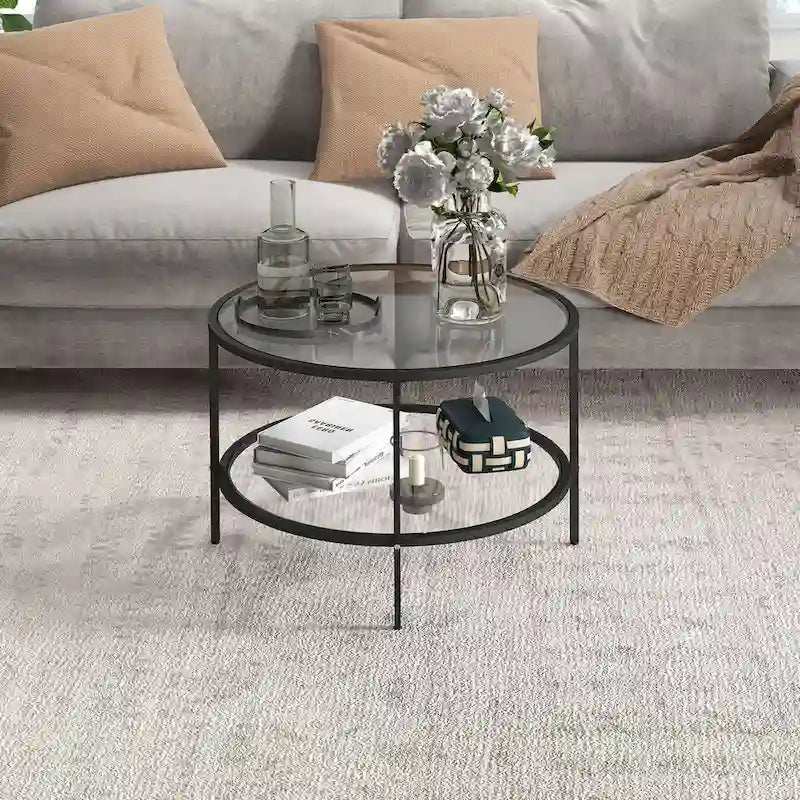 Black / Gold Round 2-Tier Side Table – Tempered Glass & Steel Frame, Seats 1