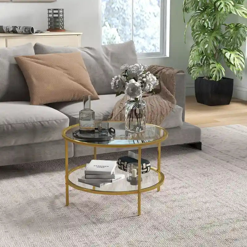 Black / Gold Round 2-Tier Side Table – Tempered Glass & Steel Frame, Seats 1