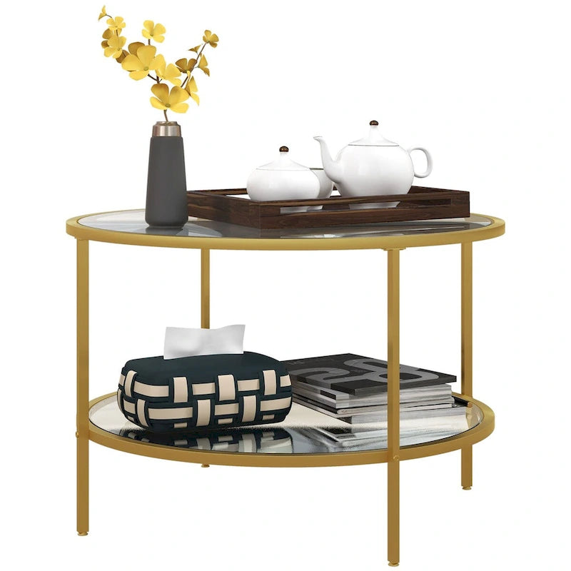 Black / Gold Round 2-Tier Side Table – Tempered Glass & Steel Frame, Seats 1