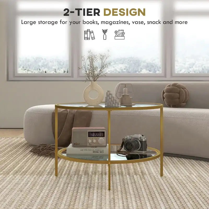 Black / Gold Round 2-Tier Side Table – Tempered Glass & Steel Frame, Seats 1