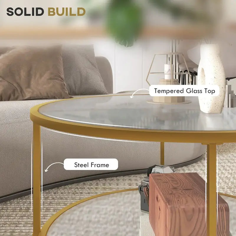 Black / Gold Round 2-Tier Side Table – Tempered Glass & Steel Frame, Seats 1