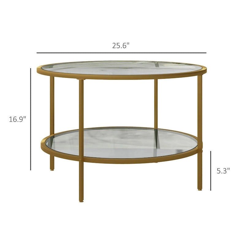 Black / Gold Round 2-Tier Side Table – Tempered Glass & Steel Frame, Seats 1