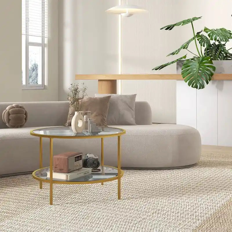 Black / Gold Round 2-Tier Side Table – Tempered Glass & Steel Frame, Seats 1