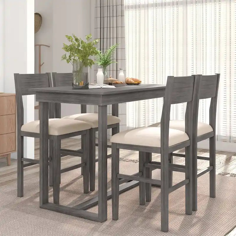 Ensemble de salle à manger 5 pièces hauteur comptoir, 4 places, style fermette, marron/gris