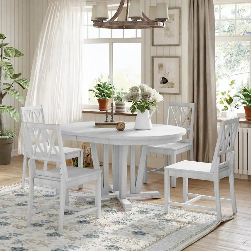 Grey / Walnut Extendable Round Dining Table Set, Trestle Base, Cross-Back Chairs, Seats 4–6