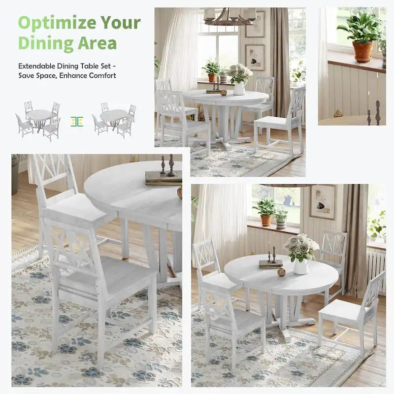 Grey / Walnut Extendable Round Dining Table Set, Trestle Base, Cross-Back Chairs, Seats 4–6