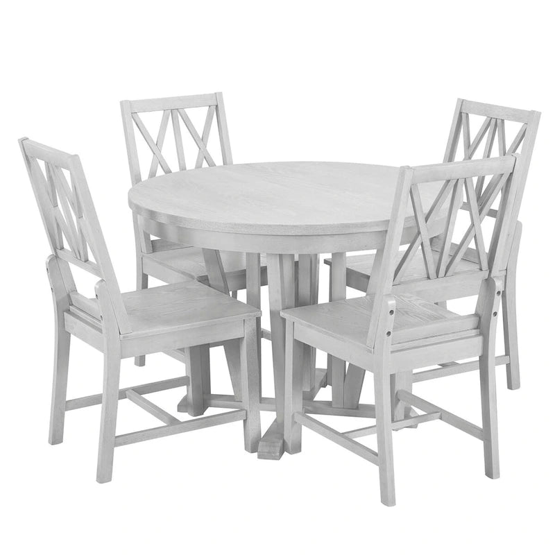 Grey / Walnut Extendable Round Dining Table Set, Trestle Base, Cross-Back Chairs, Seats 4–6