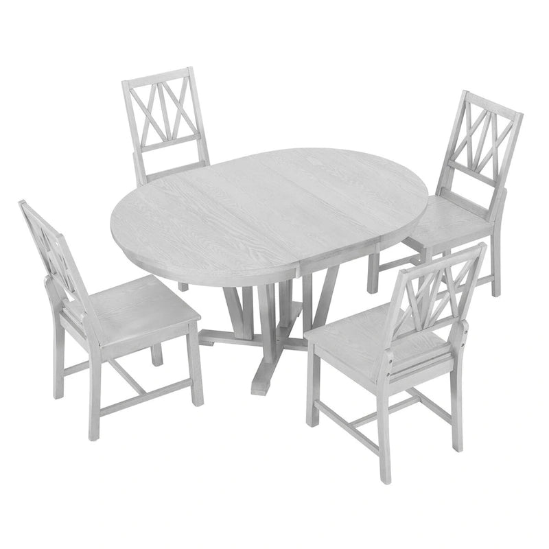 Grey / Walnut Extendable Round Dining Table Set, Trestle Base, Cross-Back Chairs, Seats 4–6