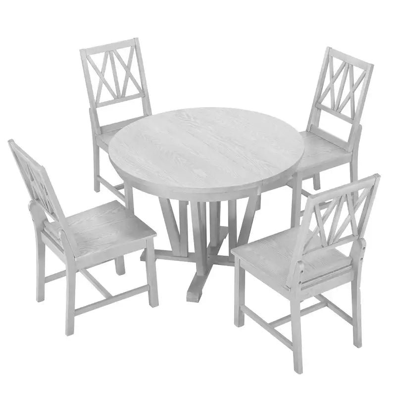 Grey / Walnut Extendable Round Dining Table Set, Trestle Base, Cross-Back Chairs, Seats 4–6