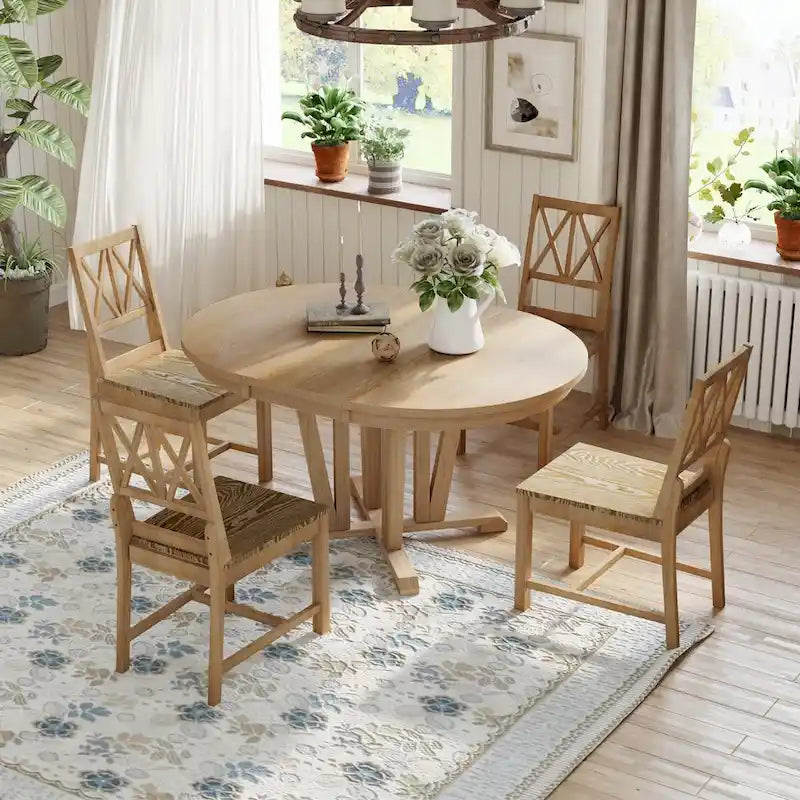 Grey / Walnut Extendable Round Dining Table Set, Trestle Base, Cross-Back Chairs, Seats 4–6