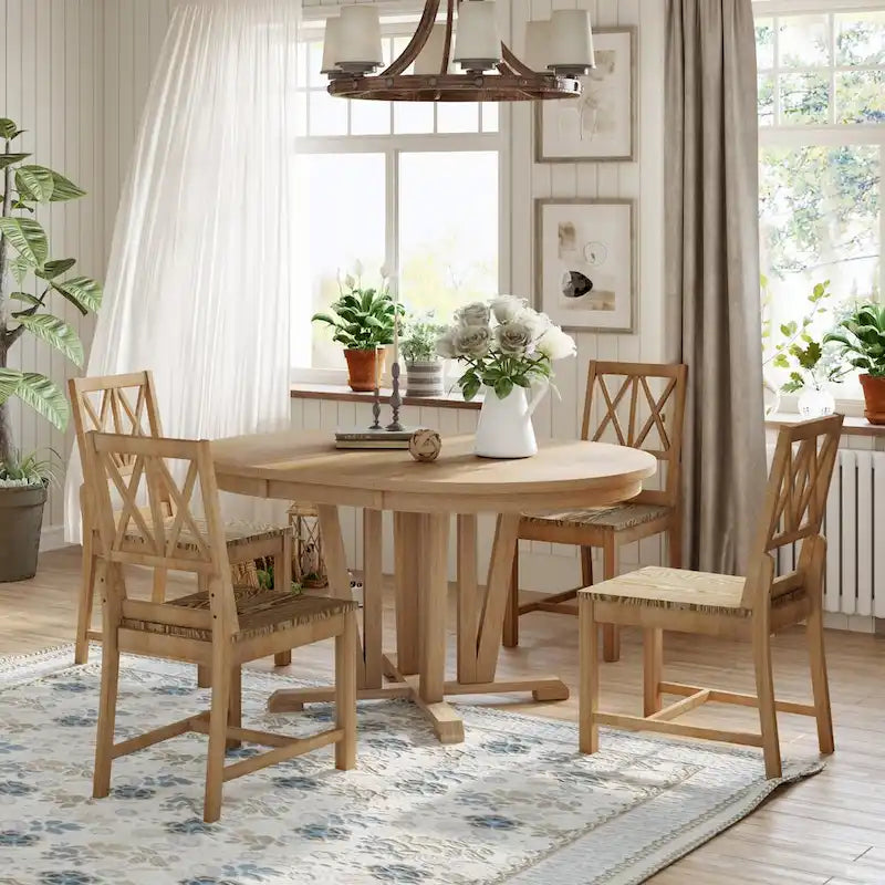 Grey / Walnut Extendable Round Dining Table Set, Trestle Base, Cross-Back Chairs, Seats 4–6